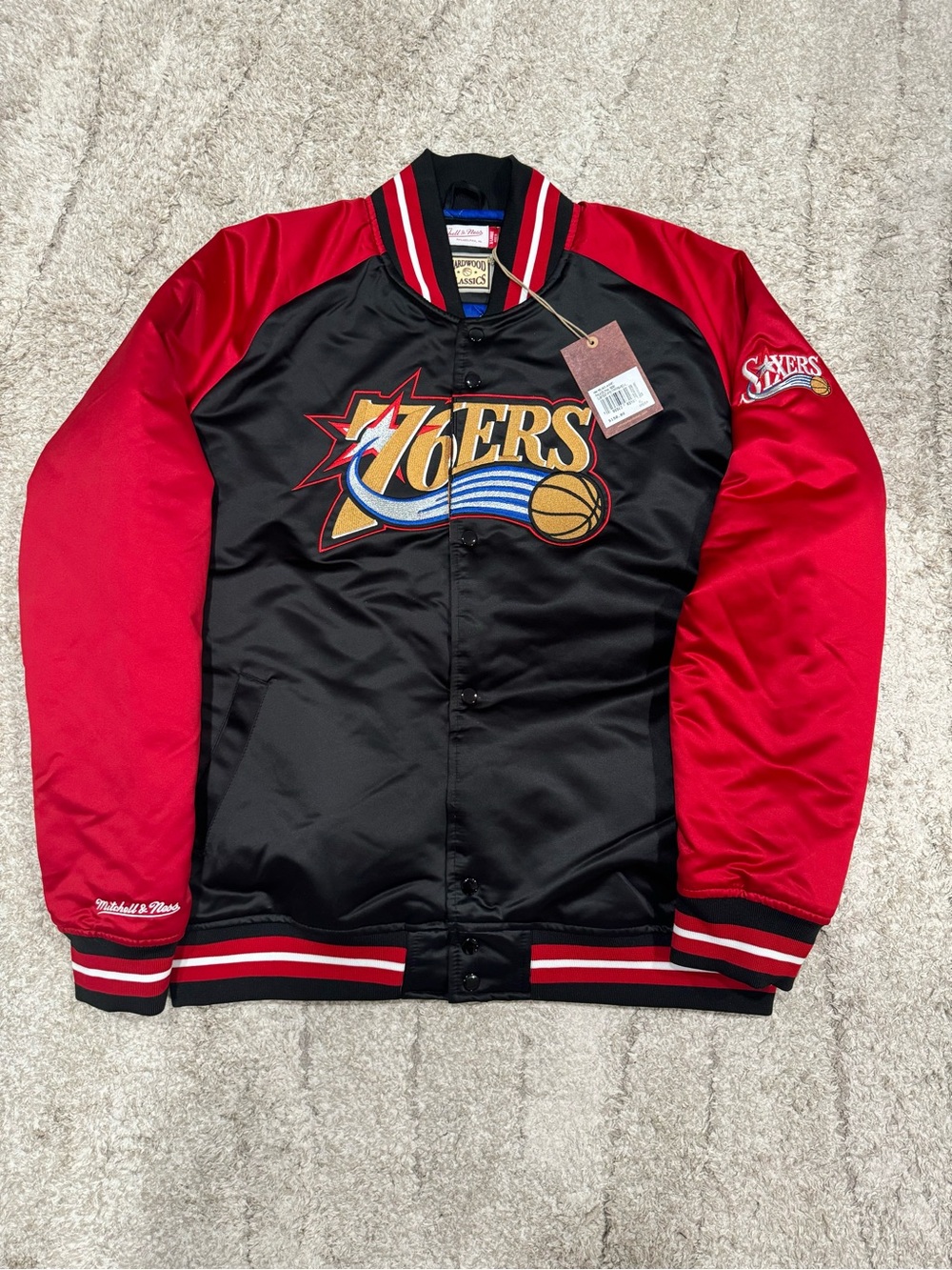 Mitchell & Ness Black and Red Kids Philadelphia 76ers Satin Jacket